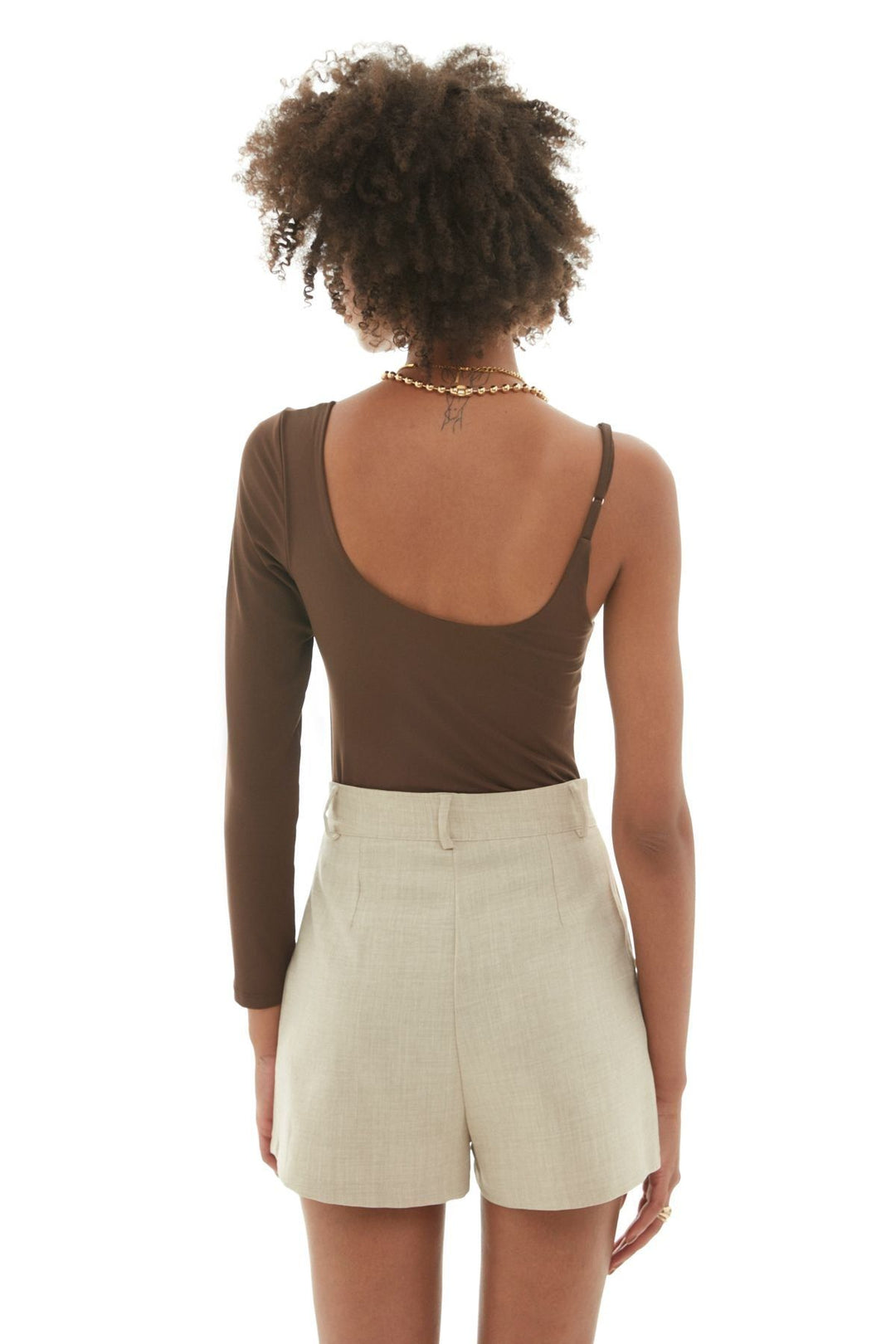 Asymmetric Sleeve Bodysuit Dark Brown