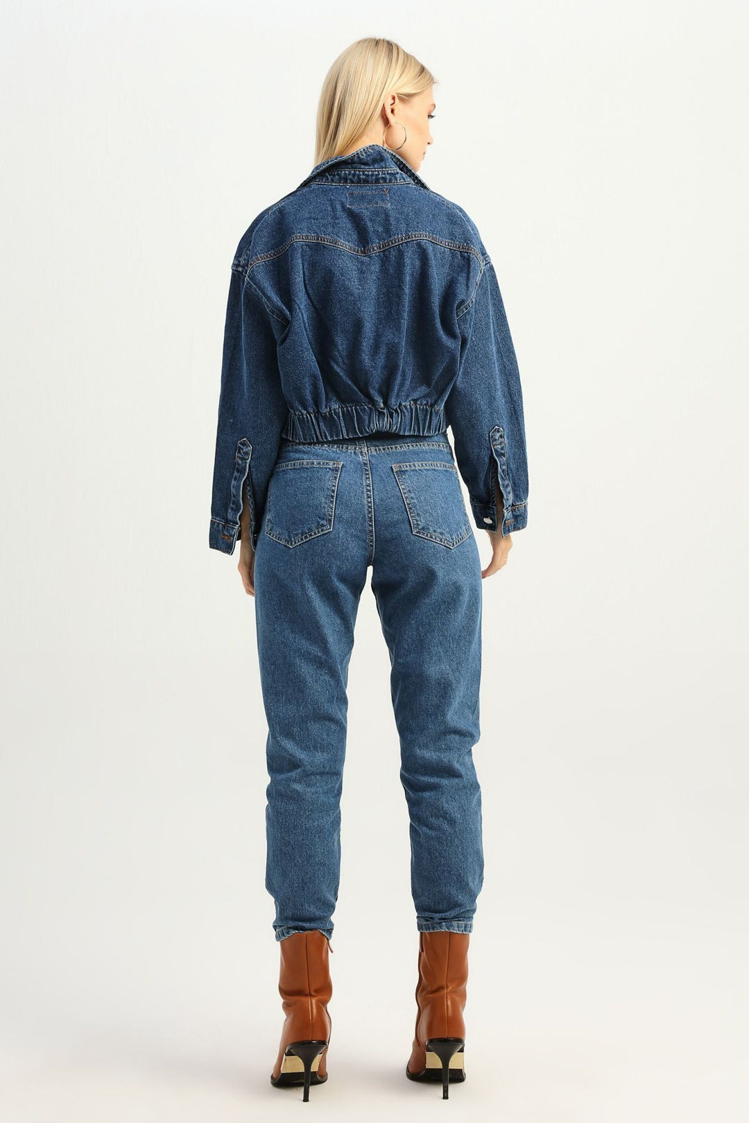 Beli Lastikli Crop Kot Ceket Mavi