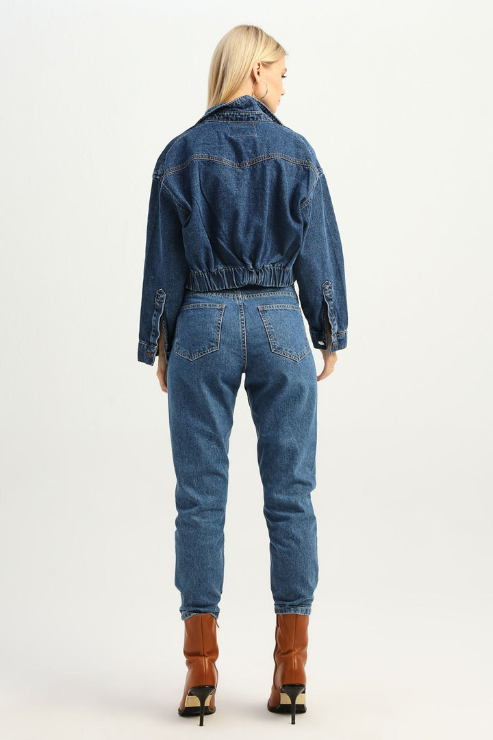 Beli Lastikli Crop Kot Ceket Mavi