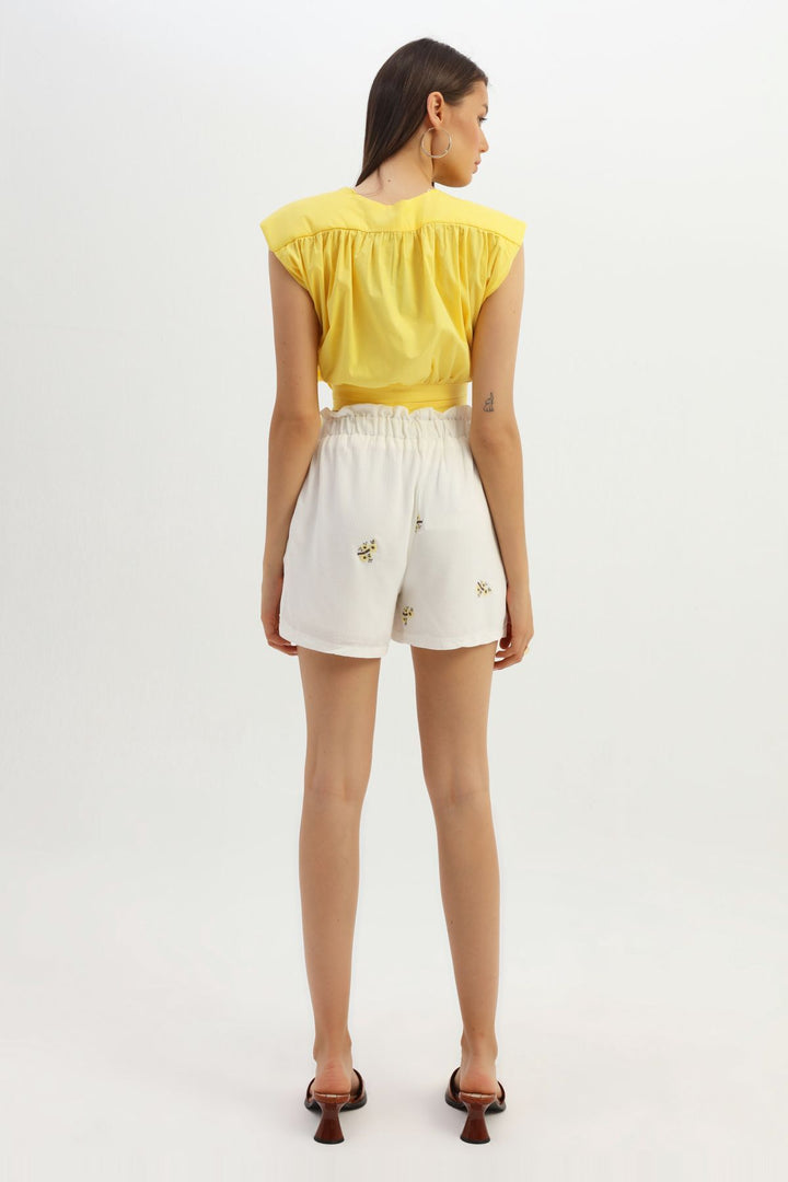 Embroidered Elastic Waist Shorts Ecru