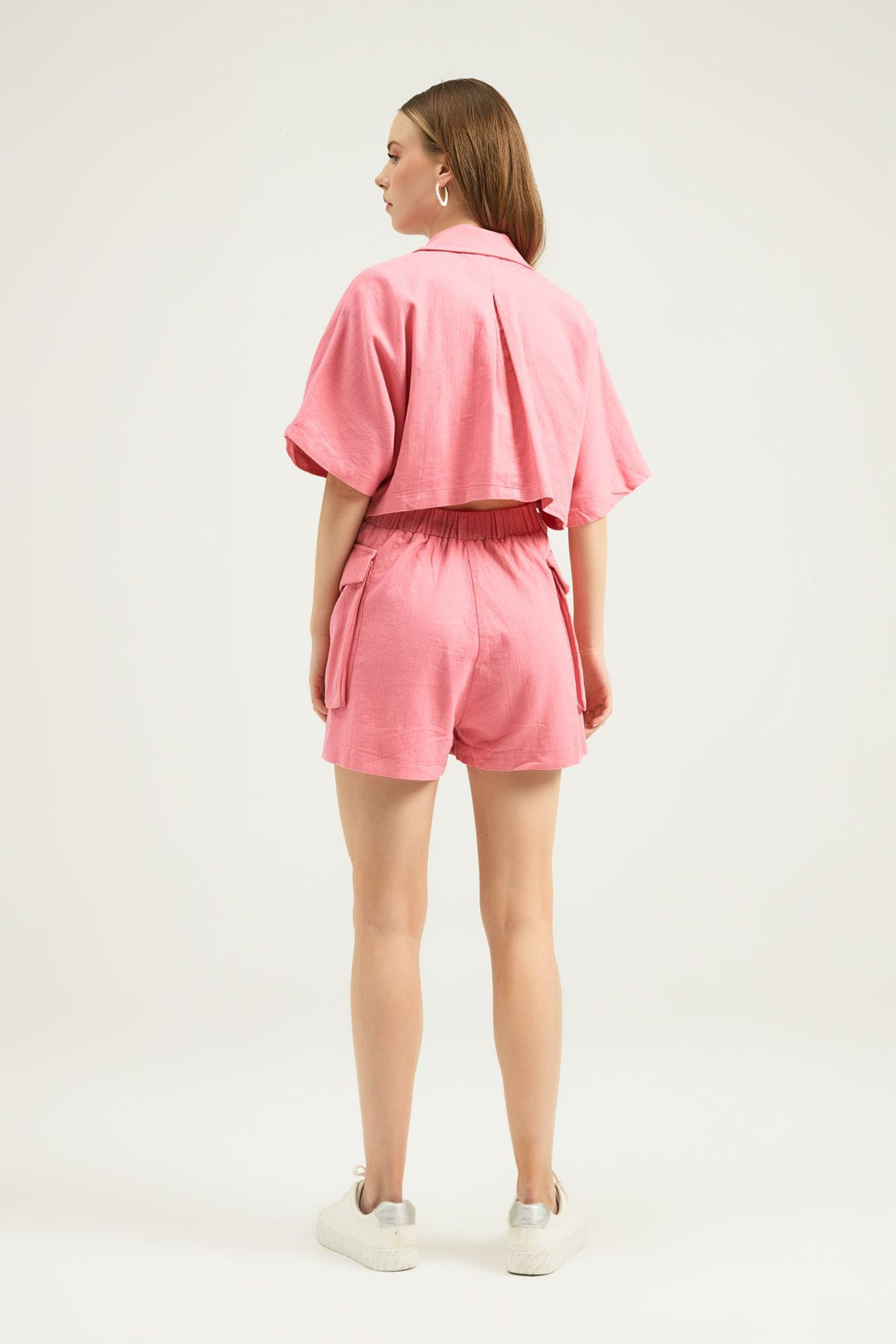 Beli Bağlamalı Kısa Kollu Tulum Şeker Pembe