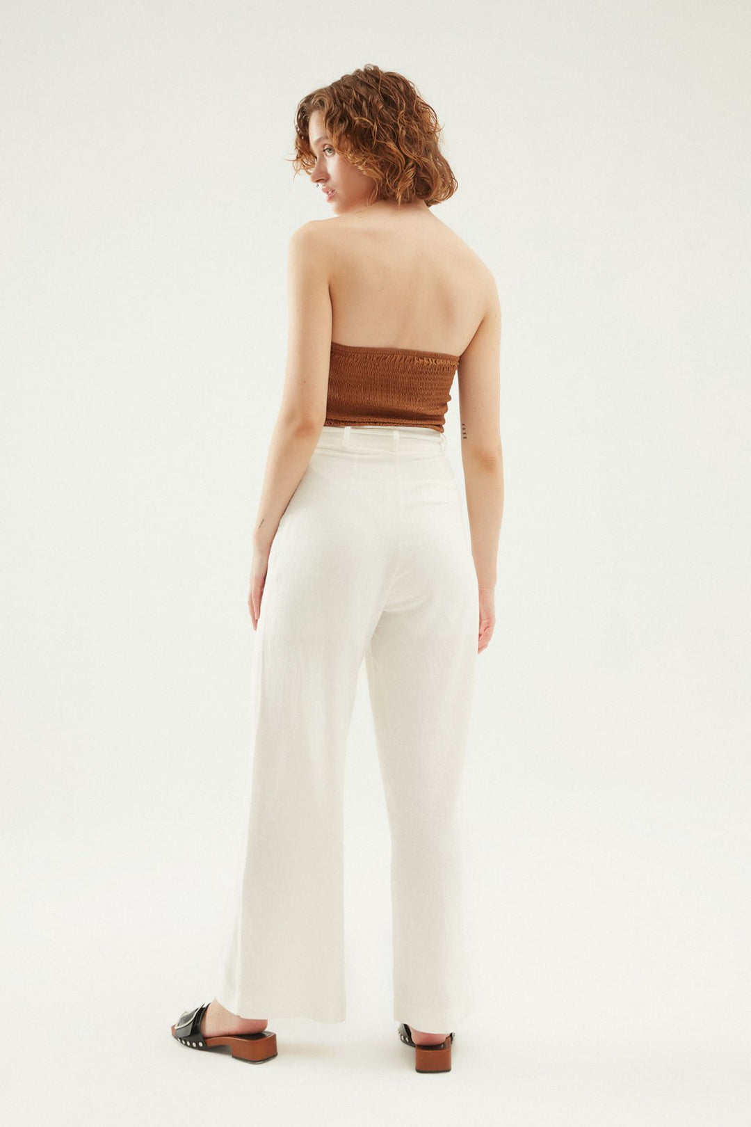 Yırtmaçlı Keten Pantolon Beyaz