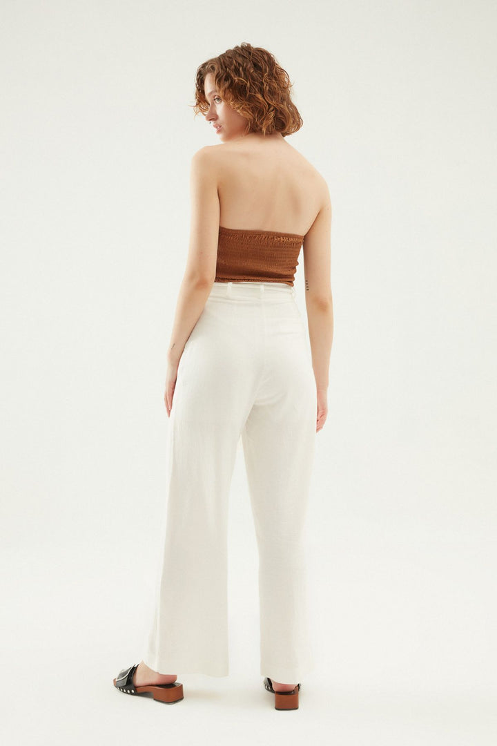 Yırtmaçlı Keten Pantolon Beyaz