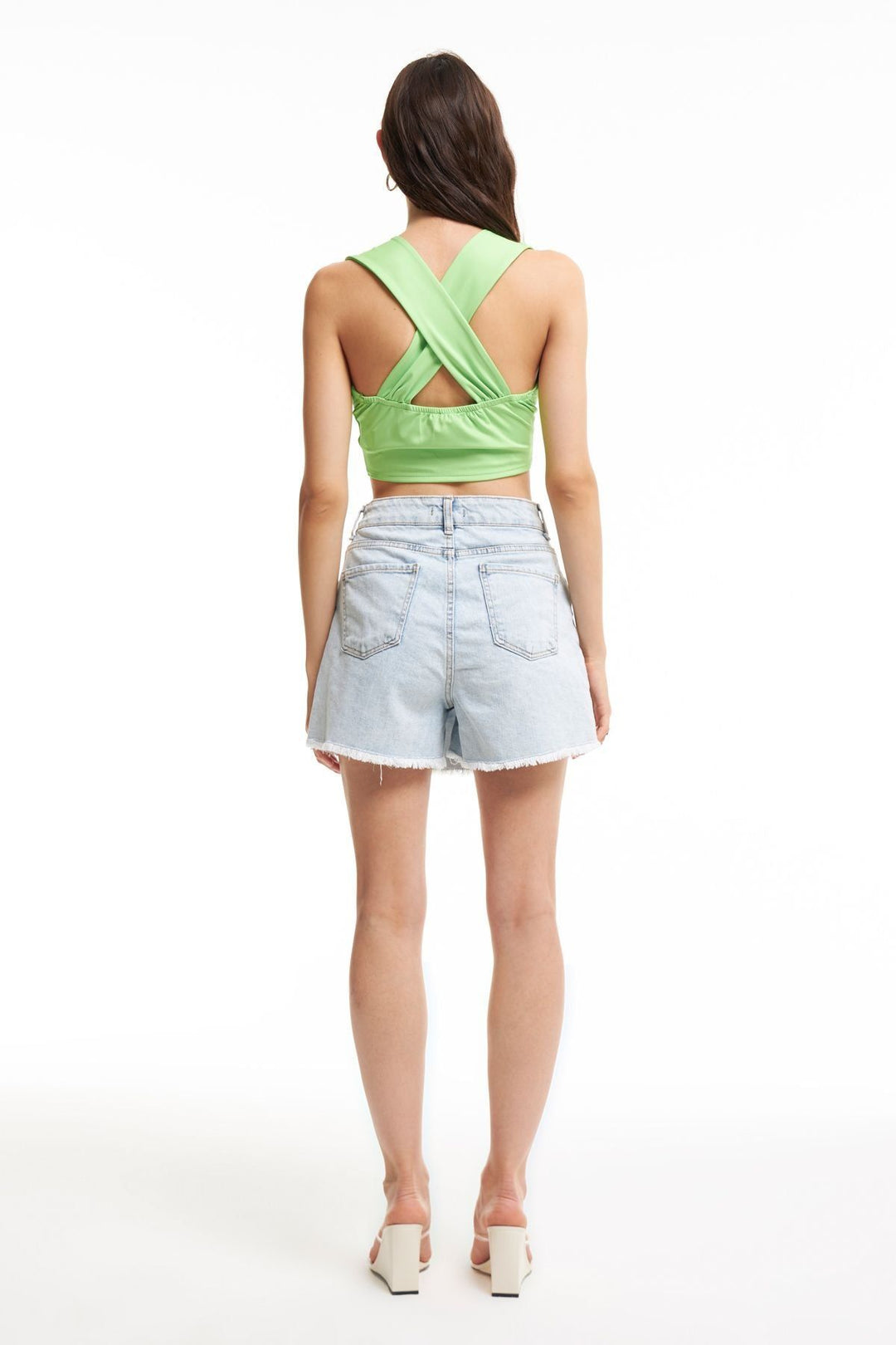 Püsküllü Kot Şort Etek Buz Mavi