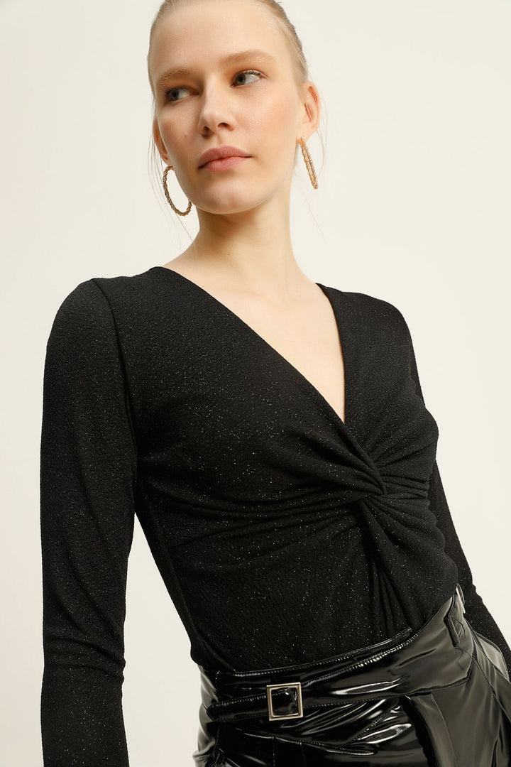 Double Breasted Silvery Bodysuit Blouse Black