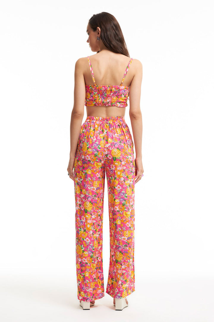 Yanları Yırtmaçlı Desenli Pantolon Pembe