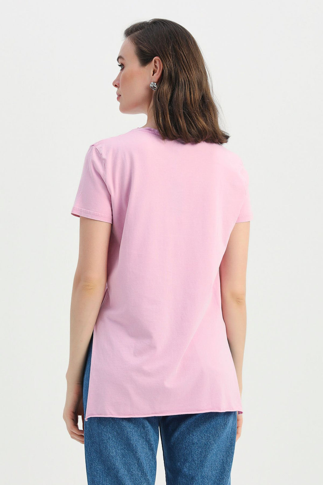 Yanı Yırtmaçlı Bisiklet Yaka Tişört Pembe