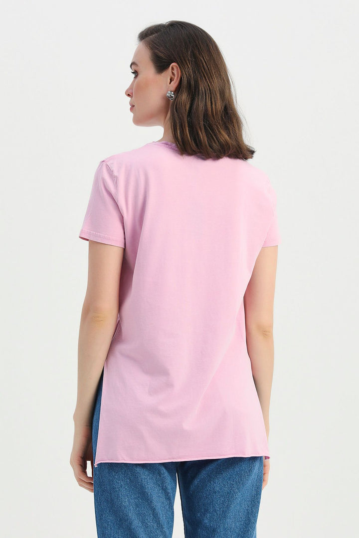 Yanı Yırtmaçlı Bisiklet Yaka Tişört Pembe