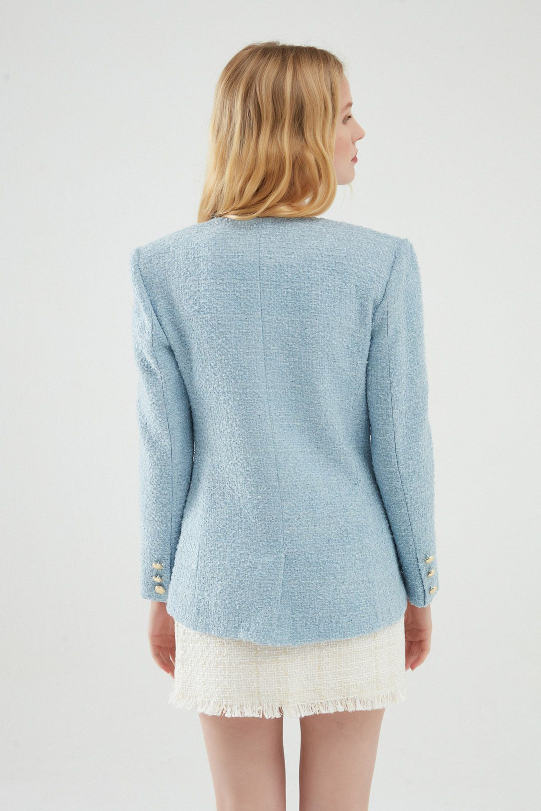 Double Breasted Tweed Blazer Jacket Blue