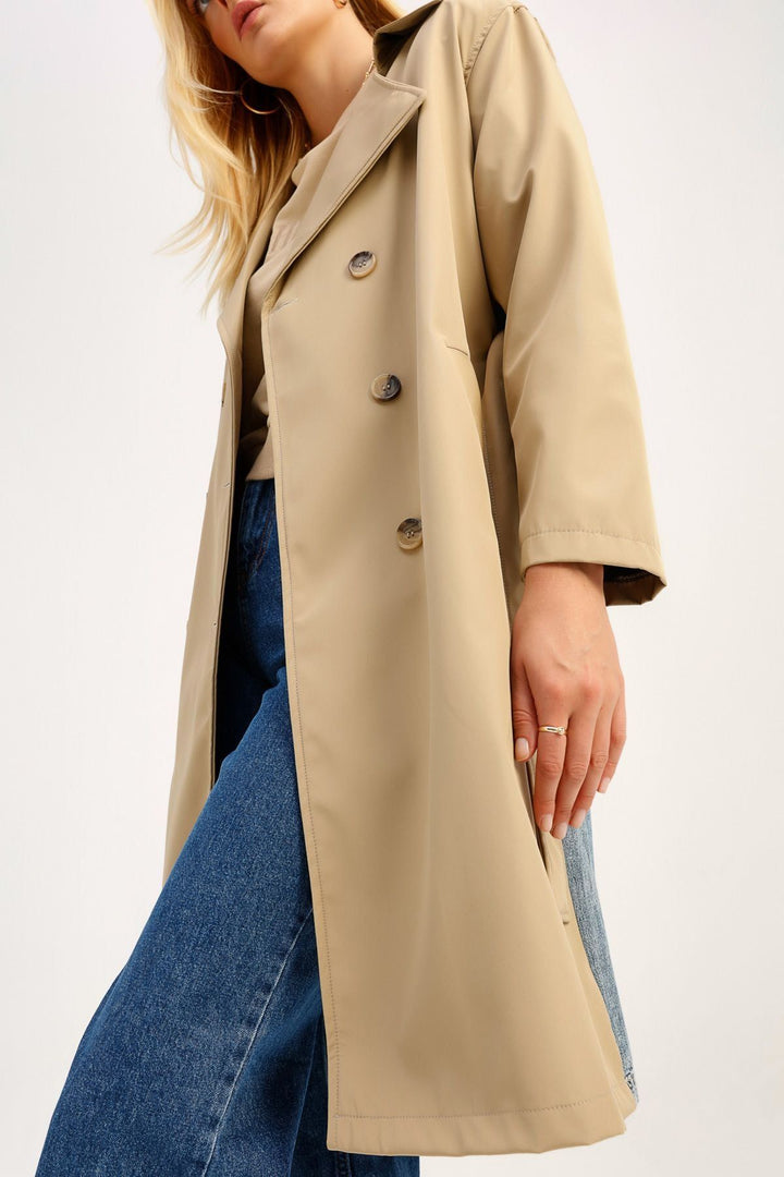 Jeans Detailed Belt Trench Coat Beige