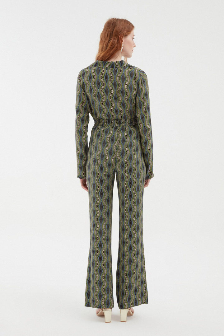 Desenli Bol Paça Pantolon Yeşil