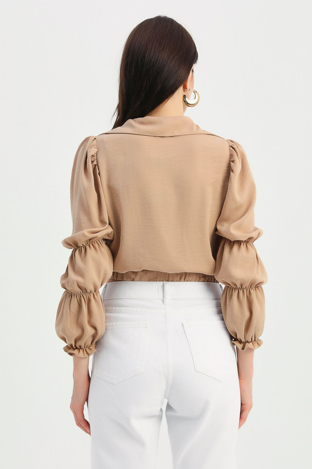 Embroidered V Neck Blouse Camel
