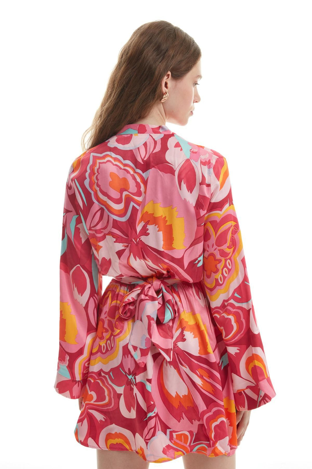 Colorful Patterned Satin Dress Fuchsia