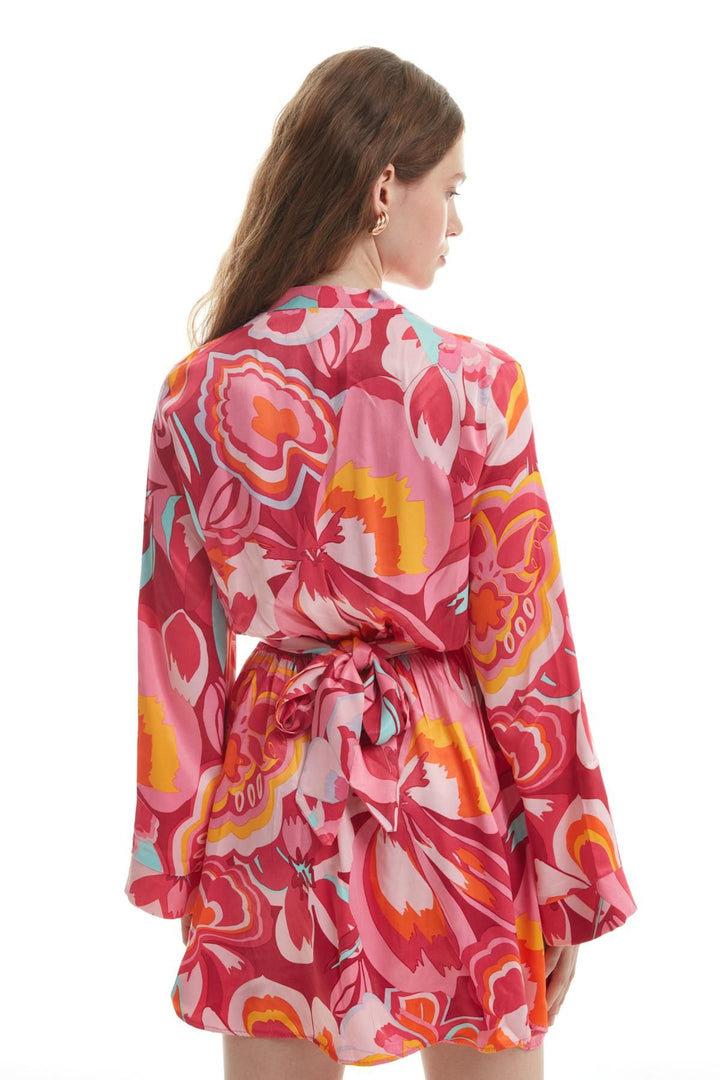 Colorful Patterned Satin Dress Fuchsia