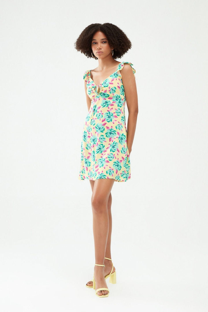 Desenli Sırt Dekolteli Mini Elbise Sarı