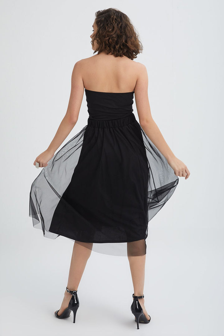 Pleated Tulle Detailed Midi Skirt Black