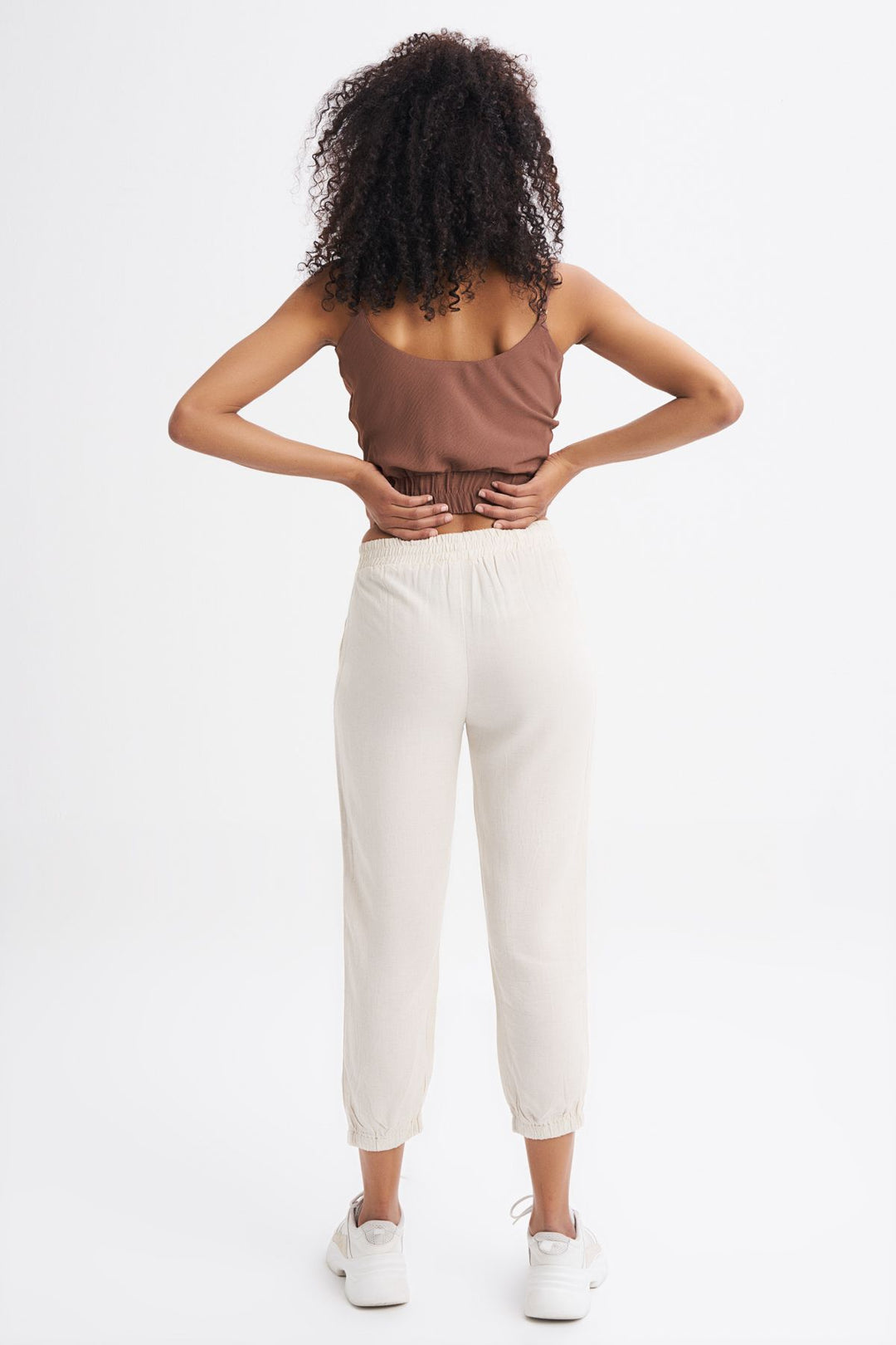 Beli Lastikli Keten Pantolon Ekru