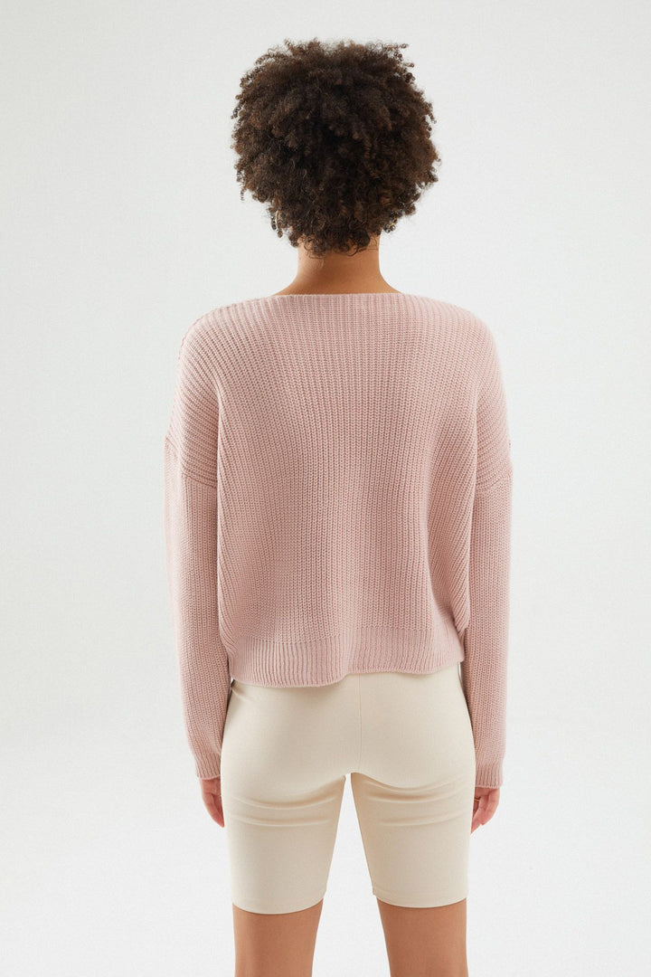 Düğmeli V Hırka Koyu Pudra