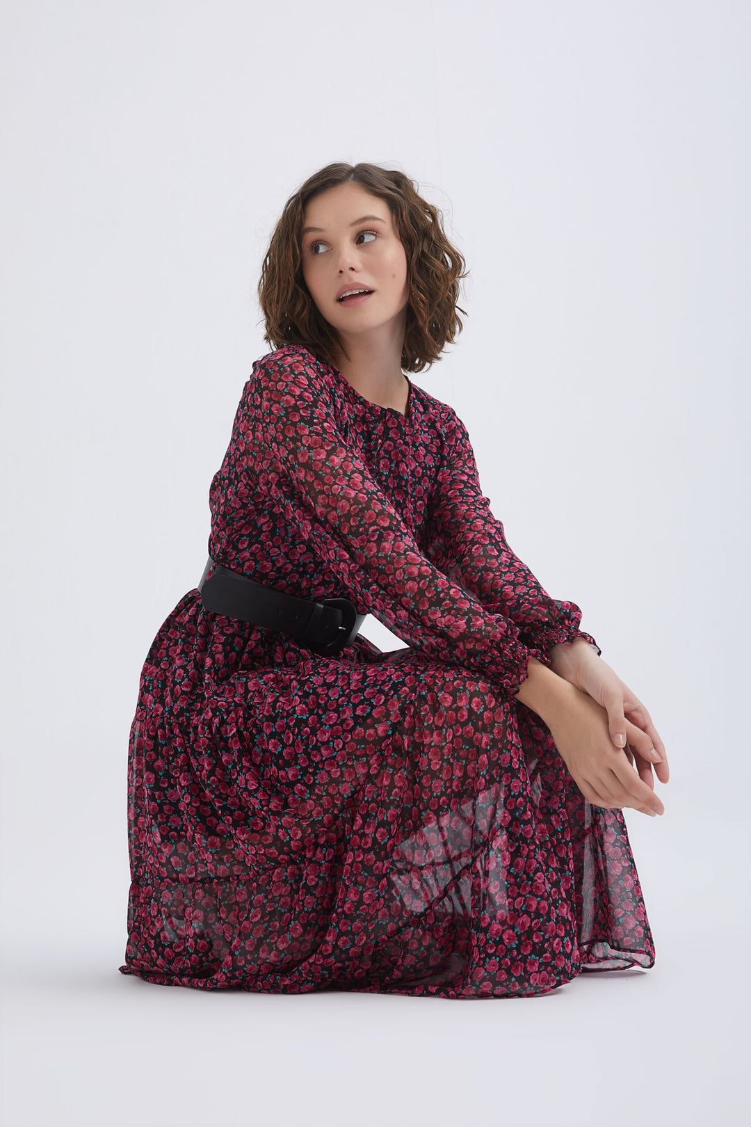 Floral Patterned Belted Dress Fuchsia