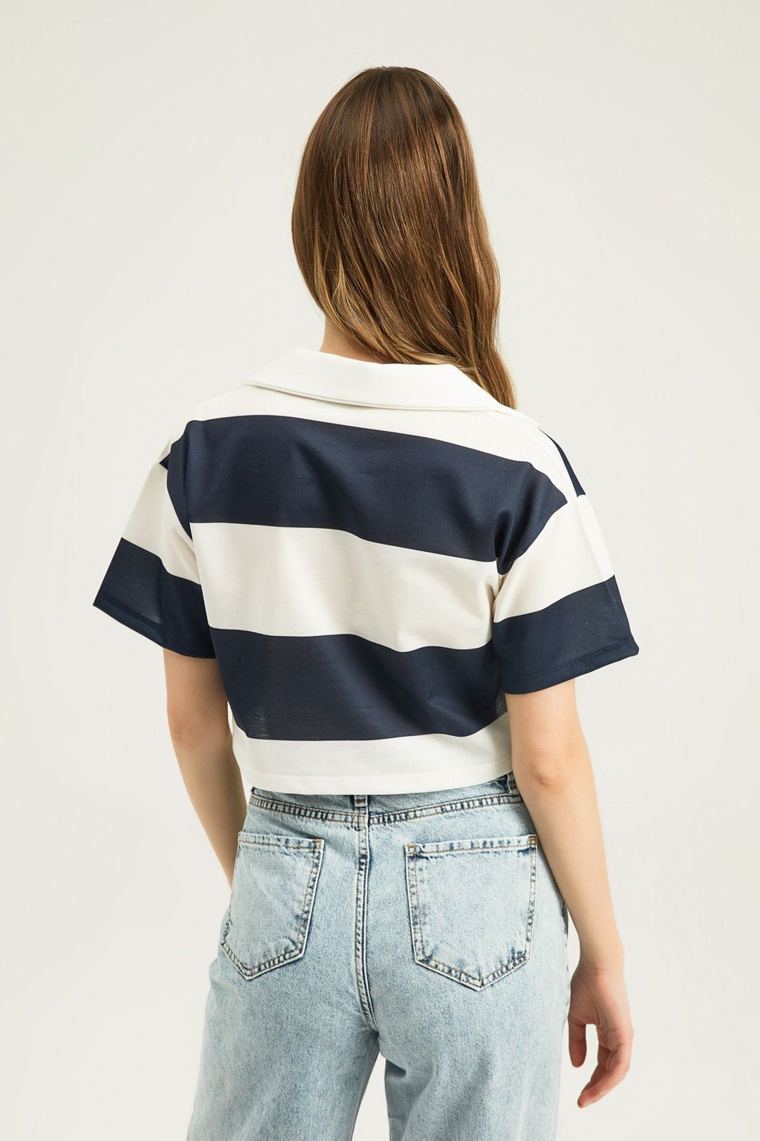 Polo Neck Striped Crop Blouse Navy