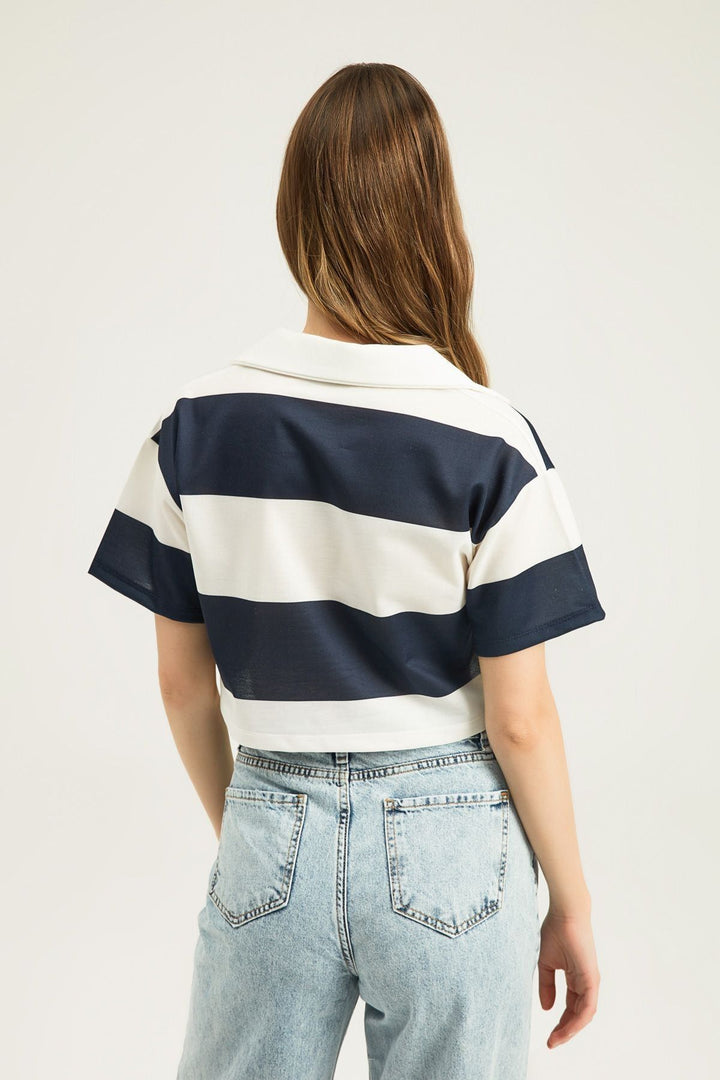 Polo Neck Striped Crop Blouse Navy