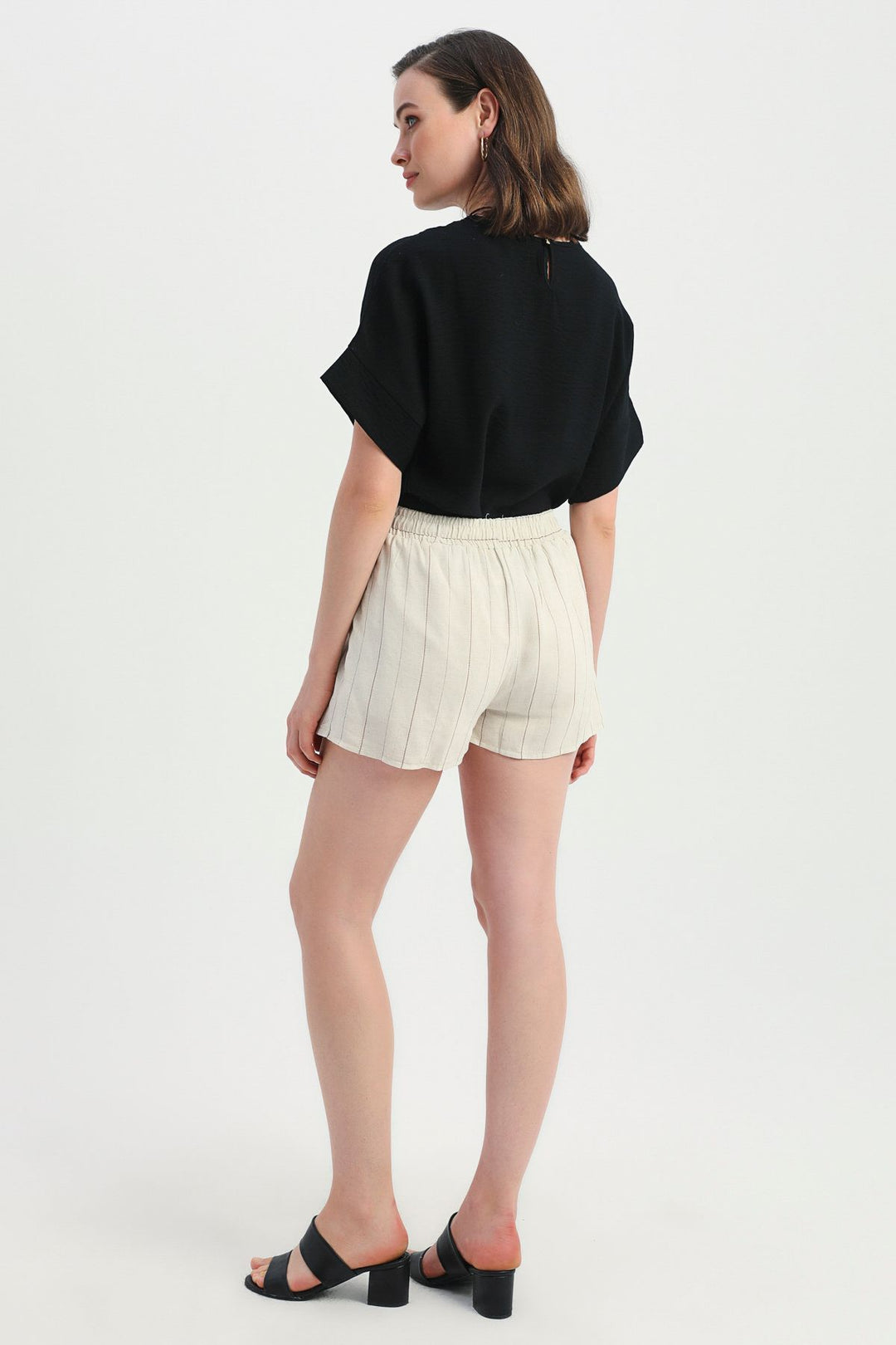Striped Elastic Waist Linen Shorts Brown