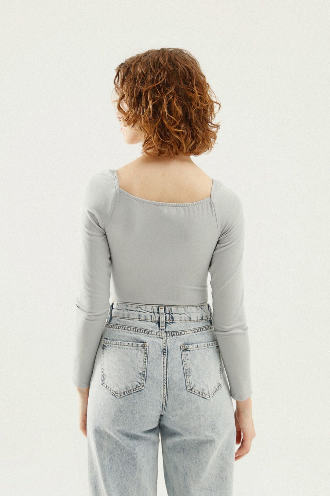 Square Neck Long Sleeve Bodysuit Gray