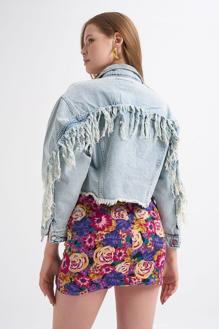 Tassel Detailed Denim Jacket on Sleeves Ice Blue