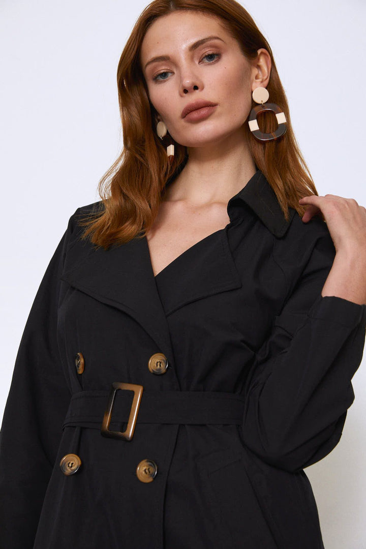 Epaulette Waist Belted Trench Coat Black
