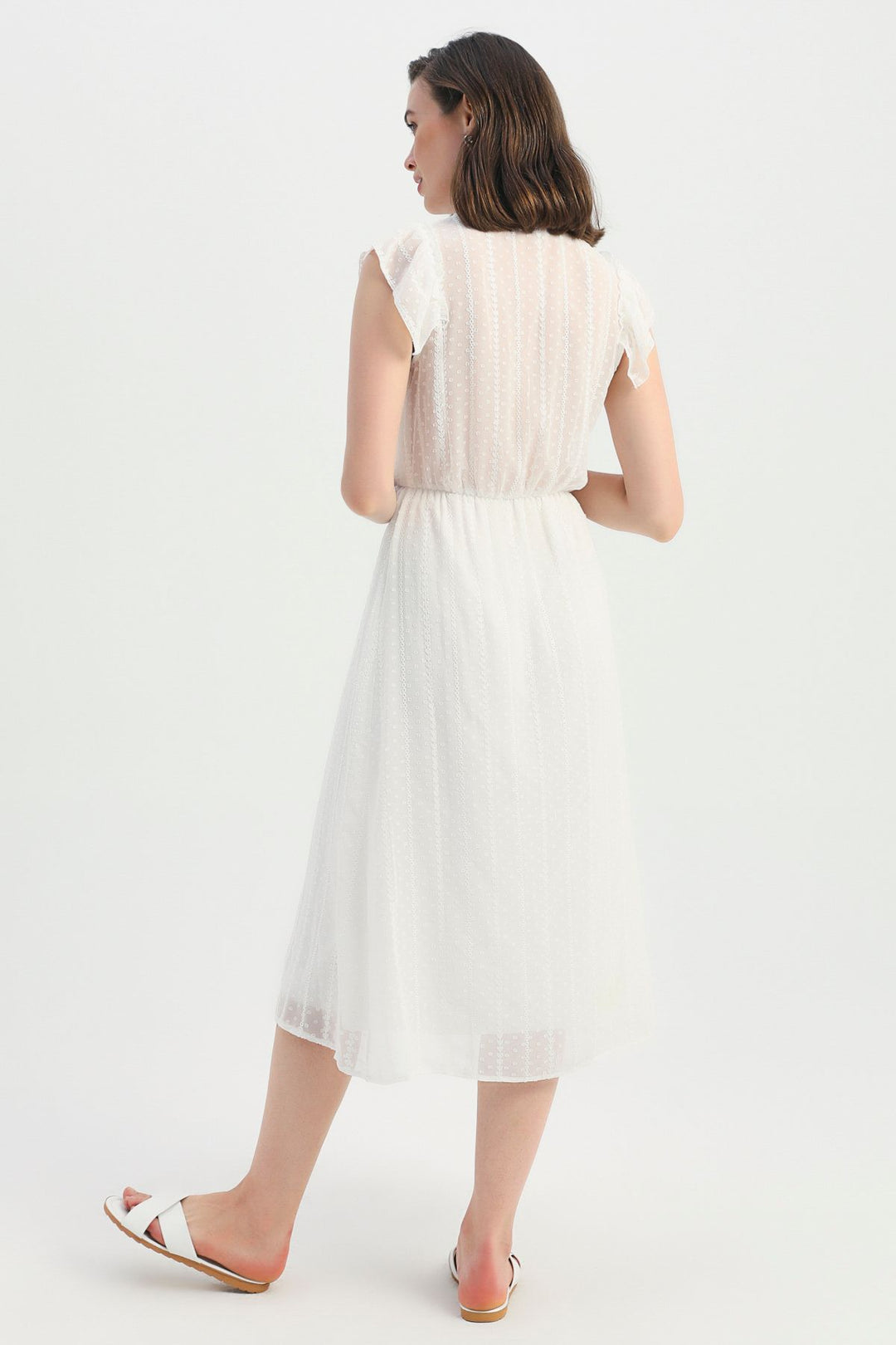 V-Neck Ruffle Lace Dress Ecru