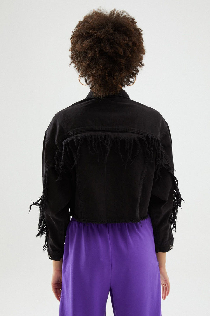 Kolları Püskül Detaylı Kot Ceket Siyah