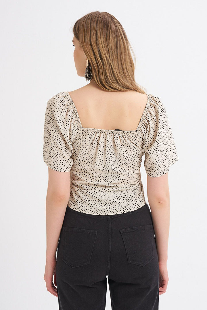 Button Detailed Polka Dot Volan Sleeve Blouse Beige