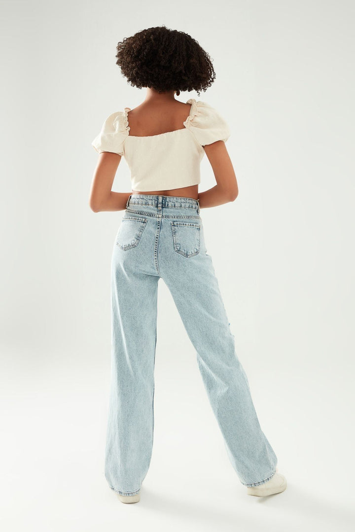 Yırtık Detaylı Bol Paça Kot Pantolon Buz Mavi