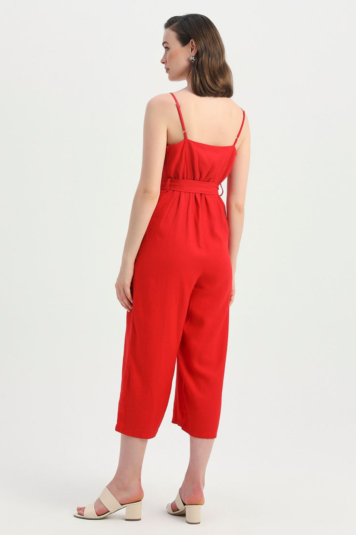 Strap Waist Belted Linen Jumpsuit Red