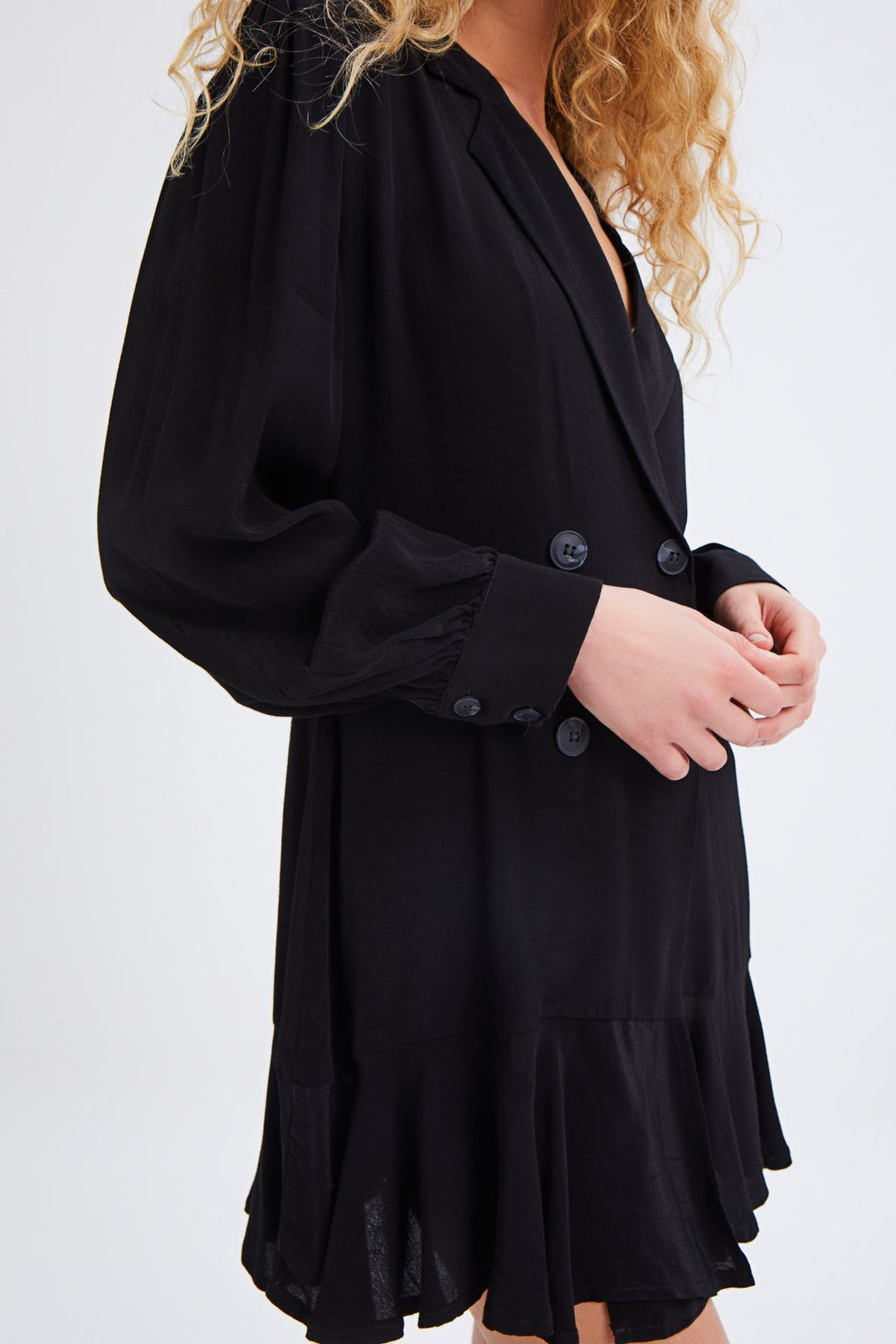 Double Breasted Buttoned Ruffle Dress Black
