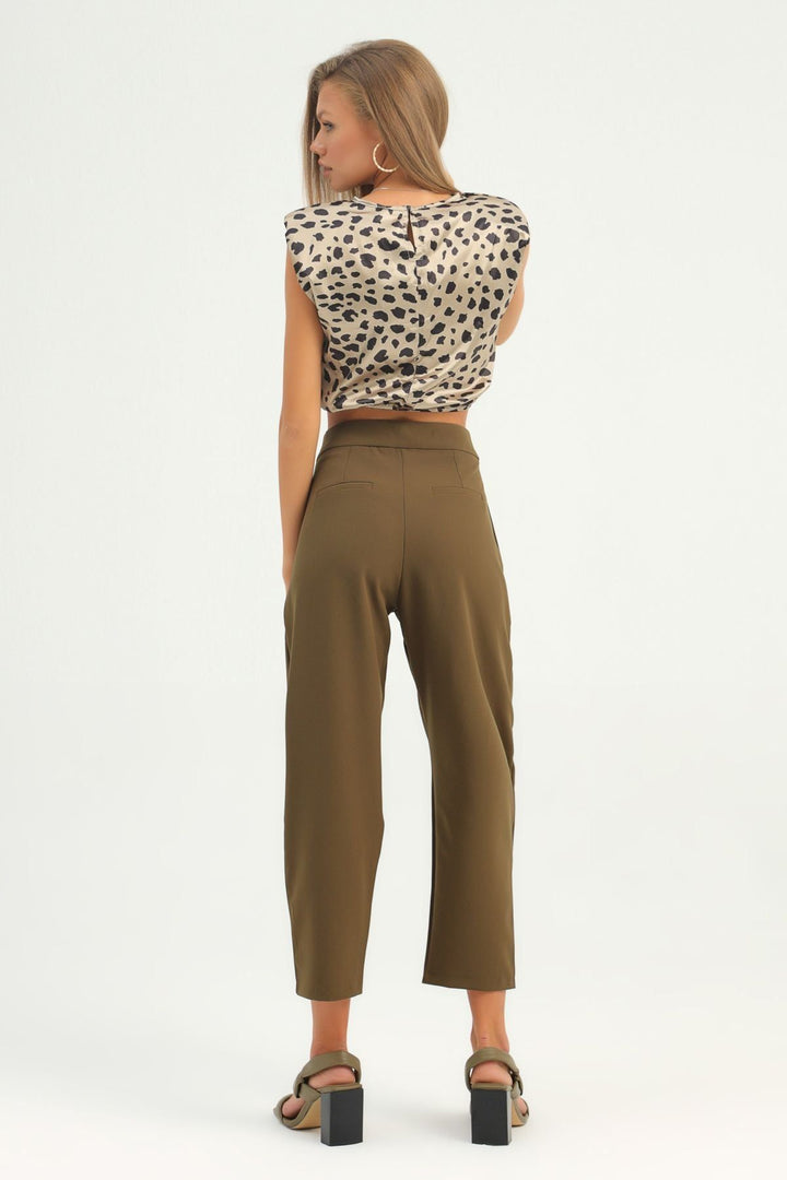 Patterned Waistband Crop Blouse Beige