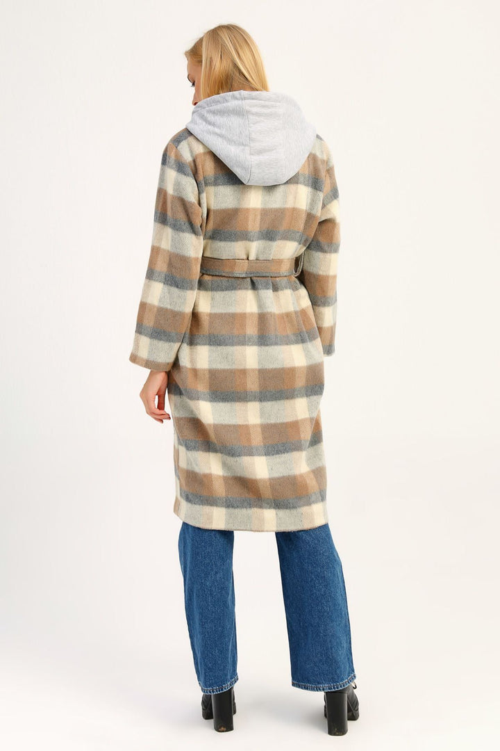 Plaid Hooded Cachet Coat Beige