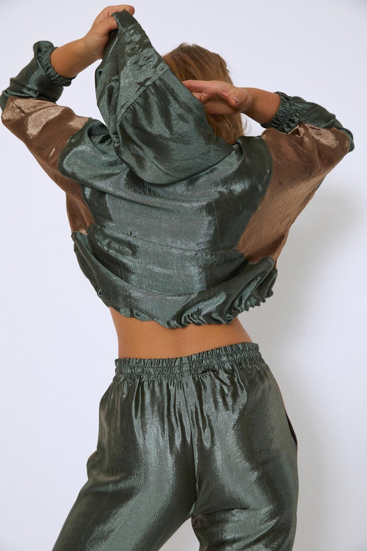 Hooded Shiny Sweatshirt Khaki