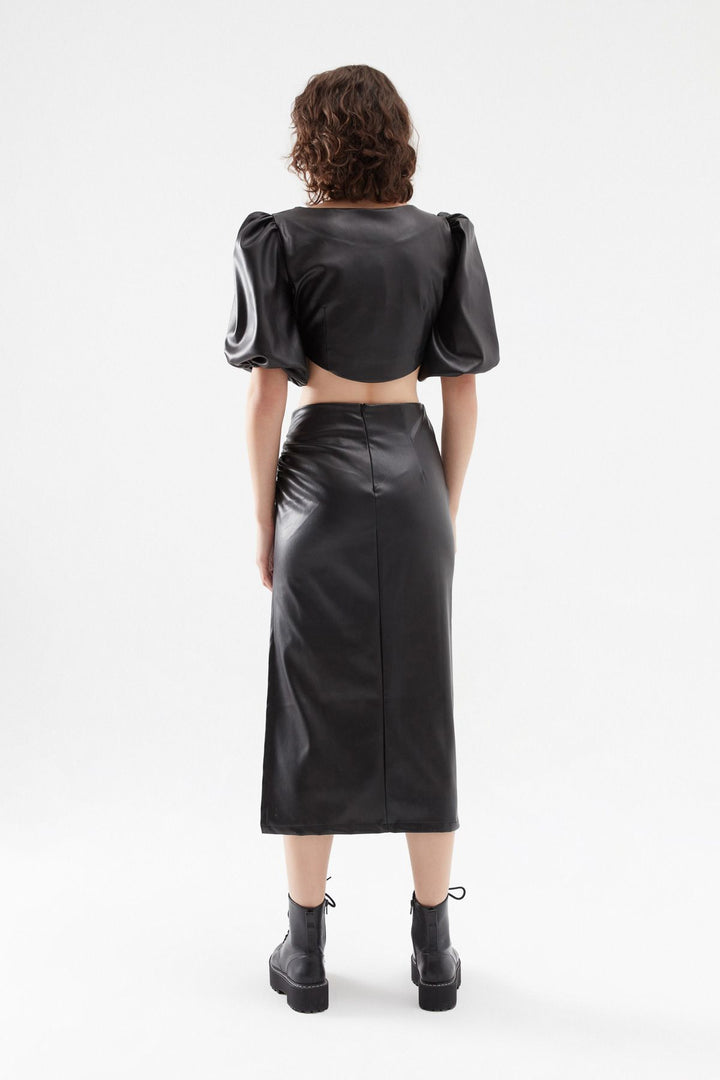 Pleated Leather Midi Skirt Black