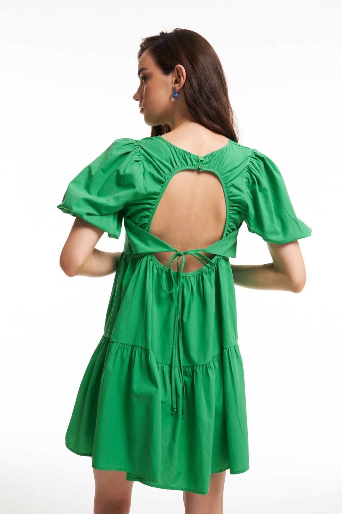 Sırt Dekolteli Balon Kol Elbise Yeşil