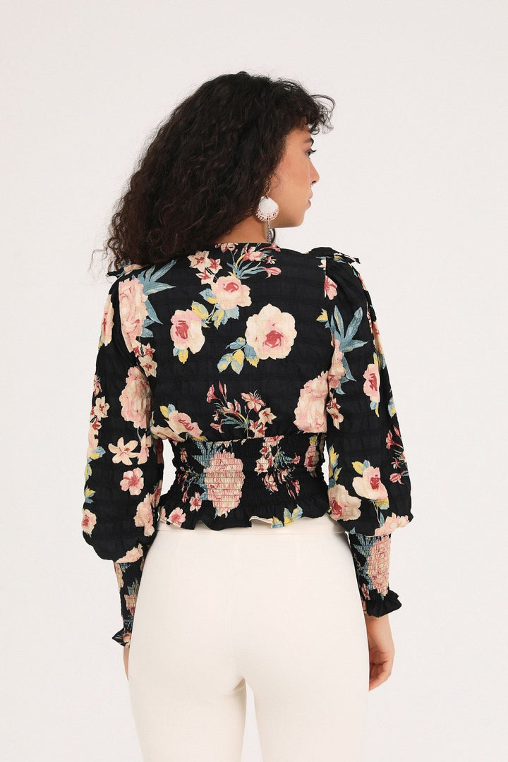 Floral Frilled Double Breasted Blouse Black