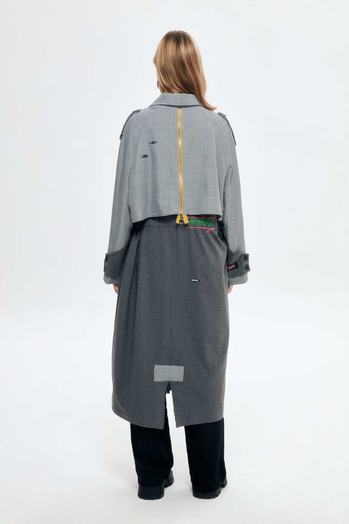 Zipper Detailed Colorful Patterned Trench Coat Gray