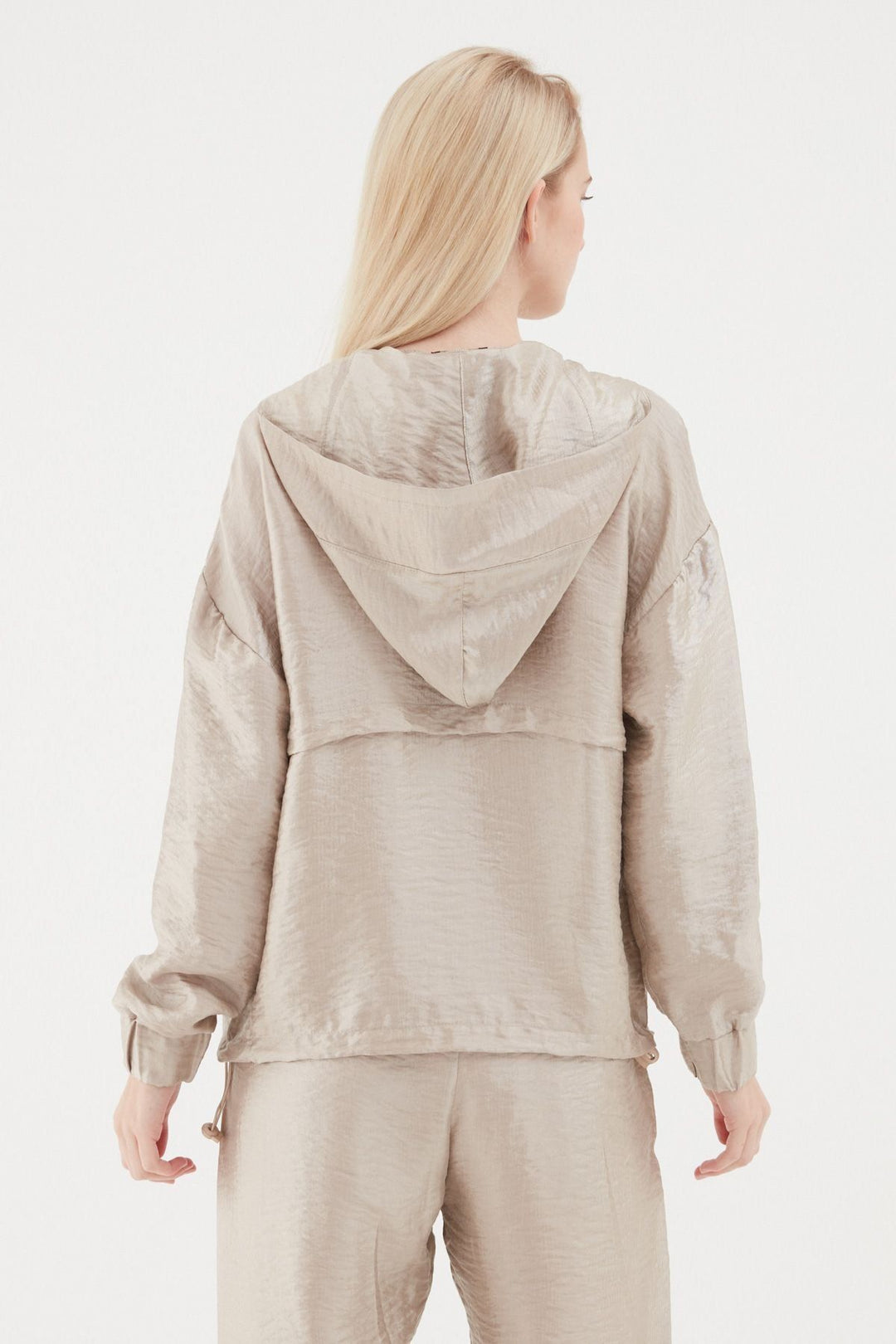 Pleated Waist Hooded Sweatshirt Beige