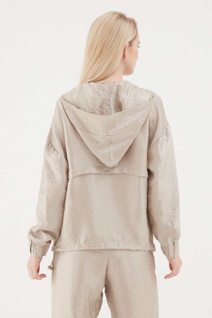 Pleated Waist Hooded Sweatshirt Beige
