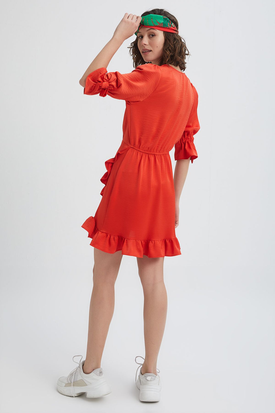 V Neck Frilly Mini Dress Orange