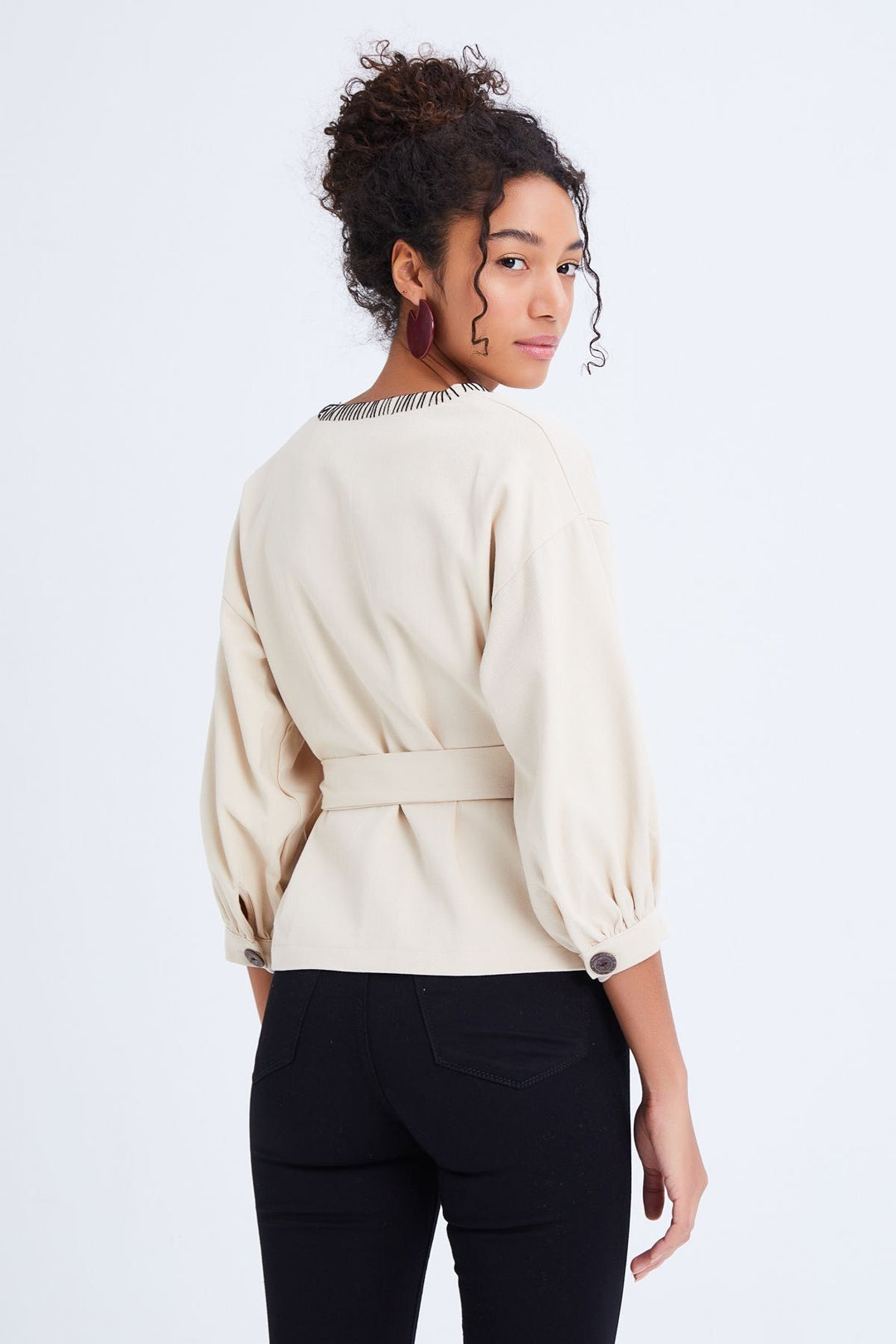 Belt Detailed Buttoned Seasonal Jacket Bone