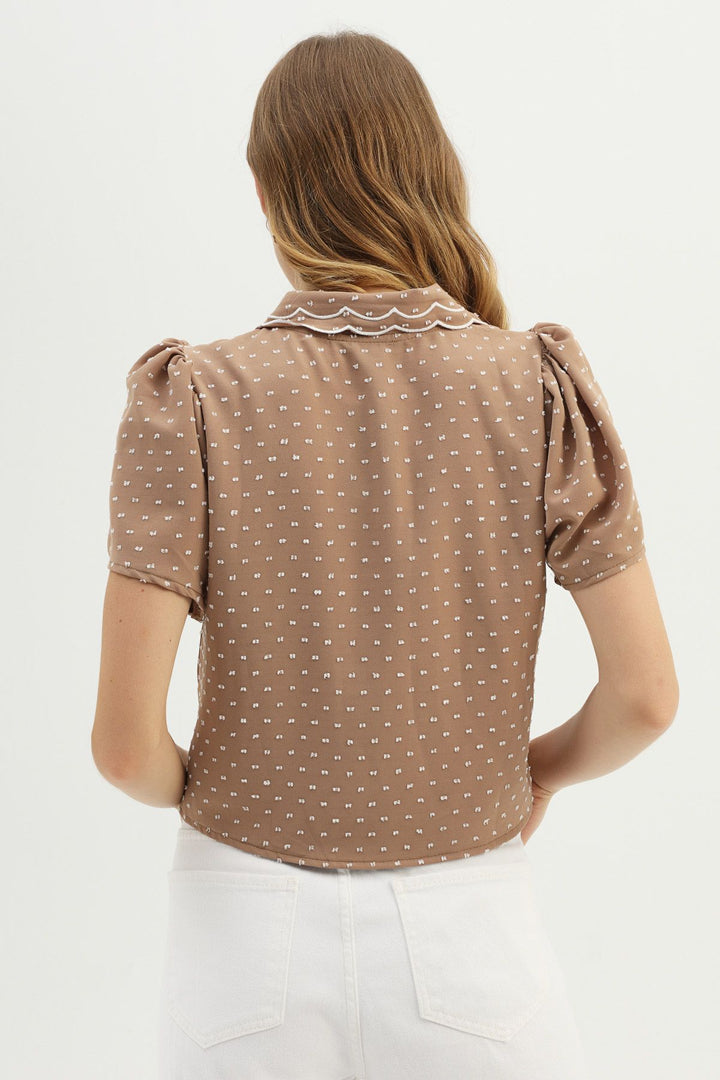 Embroidered Collar V-Neck Shirt Camel