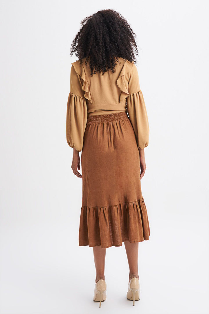 Buttoned Slit Linen Skirt Brown