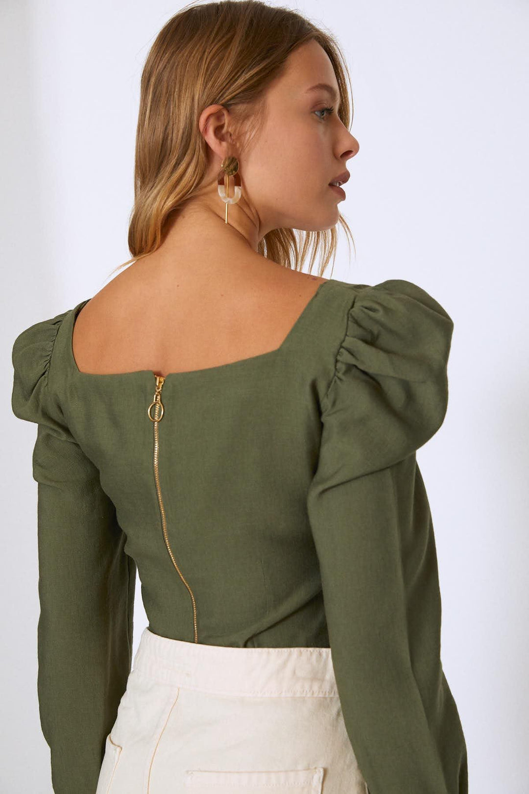Watermelon Sleeve Square Collar Blouse Khaki