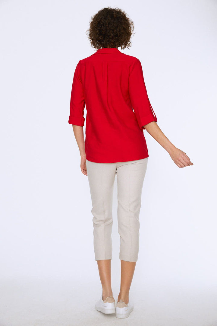 V Neck Three Quarter Sleeve Shirt Red